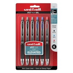 Uni-ball Uniball 207 Plus+ Gel Pens, Medium Point, 0.7mm, Assorted Inks, 6/Pack (70143)