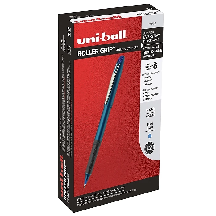 Uni-ball Uniball Roller Grip Pen, Micro Point, 0.5mm, Blue Ink, Dozen (60705) 3 Uni-ball Uniball Roller Grip Pen, Micro Point, 0.5mm, Blue Ink, Dozen (60705)