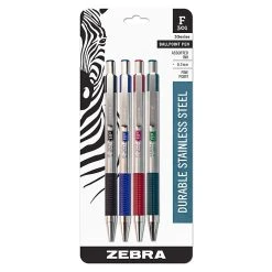 Zebra Pen F-301 Stainless Steel Retractable Ballpoint Pen, Fine Point, 0.7mm, Assorted Ink, 4/Pack (27174)