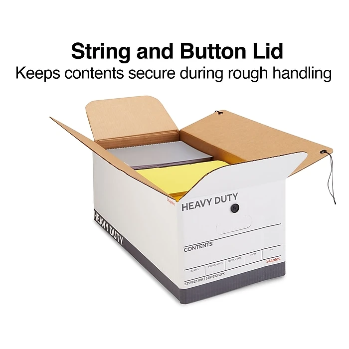 Staples Heavy Duty File Box, String And Button Lid, Letter, White/Gray, 4/Pack (TR59222) 4 Staples Heavy Duty File Box, String And Button Lid, Letter, White/Gray, 4/Pack (TR59222) - Image 2