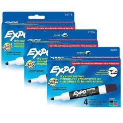 EXPO® Low Odor Dry Erase Markers, Bullet Tip, Assorted Colors, 4 Per Pack, 3 Packs, (SAN82074-3)