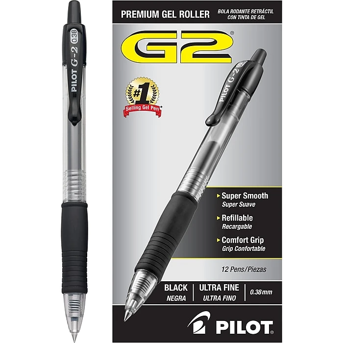 Pilot G2 Retractable Gel Pens, Ultra Fine Point, Black Ink, Dozen (31277) 3 Pilot G2 Retractable Gel Pens, Ultra Fine Point, Black Ink, Dozen (31277)
