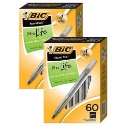 BIC Round Stic Xtra Life Ballpoint Pens, Medium Point, Black, 60/Pack, 2 Packs (BICGSM609BK-2)