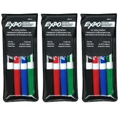 EXPO® Low Odor Dry Erase Markers, Fine Tip, Assorted Colors, 4 Per Set, 3 Sets (SAN86074-3)