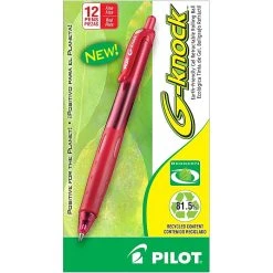 Pilot G-Knock BeGreen Retractable Gel Pens, Fine Point, Red Ink, Dozen (31508)
