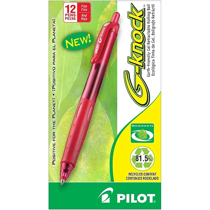 Pilot G-Knock BeGreen Retractable Gel Pens, Fine Point, Red Ink, Dozen (31508) 3 Pilot G-Knock BeGreen Retractable Gel Pens, Fine Point, Red Ink, Dozen (31508)