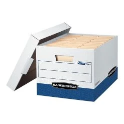 Bankers Box R-Kive® Heavy-Duty FastFold File Storage Boxes, Lift-Off Lid, Letter/Legal Size, White/Blue, 12/Carton (07243)