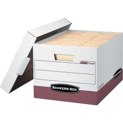Bankers Box R-Kive® Heavy-Duty FastFold File Storage Boxes, Lift-Off Lid, Letter/Legal Size, White/Red, 12/Carton (07242)