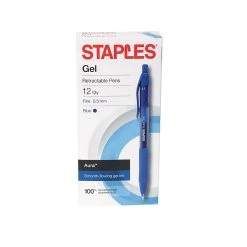 Staples Aura Retractable Gel Pens, Fine Point, Blue Ink, Dozen (50365)