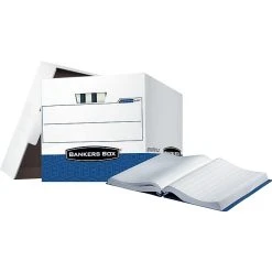 Bankers Box Data-Pak Heavy-Duty Corrugated File Storage Boxes, Lift-Off Lid, Letter Size, White/Blue, 4/Carton (0064802)