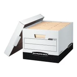 Bankers Box R-Kive® Heavy-Duty FastFold File Storage Boxes, Lift-Off Lid, Letter/Legal Size, White/Black, 12/Carton (00724)