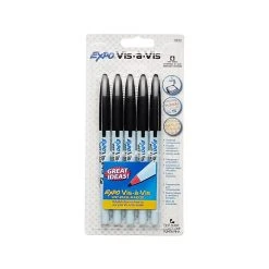 Expo Vis-a-Vis Wet Erase Marker, Fine Tip, Black Ink, 5/Pack (16665/2134050)