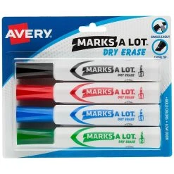 Avery Marks A Lot Desk-Style Dry Erase Markers, Chisel Tip, Assorted Colors, 4 Markers Per Set (24409)